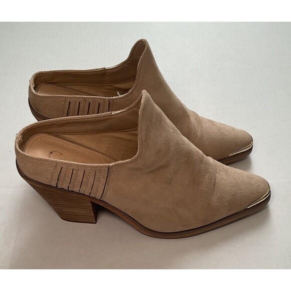 Comfort Women’s Tan Suede Slip On Open Back Boots, Heels With Gold Toe 10W - Picture 2 of 9